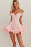 Pink Chiffon Off the Shoulder Short Graduation Dress with Ruffles