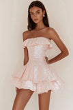 Sparkly Pink Sequin Short A Line Graduation Dress with Ruffles