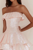 Sparkly Pink Sequin Short A Line Graduation Dress with Ruffles