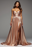 Champagne A Line Ruched Metallic Maxi Prom Dress with Slit