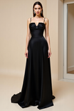 Black A Line Satin Backless Maxi Prom Dress