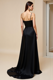Black A Line Satin Backless Maxi Prom Dress