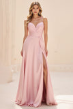 Pink A Line Ruched Spaghetti Straps Maxi Prom Dress with Slit