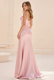 Pink A Line Ruched Spaghetti Straps Maxi Prom Dress with Slit