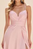 Pink A Line Ruched Spaghetti Straps Maxi Prom Dress with Slit