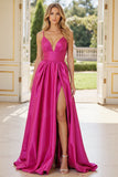 Fuchsia Satin A Line Spaghetti Straps Maxi Prom Dress with Slit