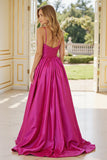 Fuchsia Satin A Line Spaghetti Straps Maxi Prom Dress with Slit