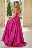 Fuchsia Satin A Line Spaghetti Straps Maxi Prom Dress with Slit