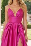 Fuchsia Satin A Line Spaghetti Straps Maxi Prom Dress with Slit