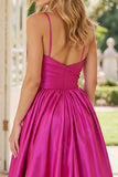 Fuchsia Satin A Line Spaghetti Straps Maxi Prom Dress with Slit