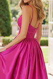 Fuchsia Satin A Line Spaghetti Straps Maxi Prom Dress with Slit