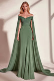 Eucalyptus Mermaid Off the Shoulder Ruched Maxi Prom Dress with Cape