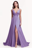 Chiffon A Line Ruched Lilac Maxi Prom Dress with Slit