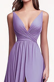 Chiffon A Line Ruched Lilac Maxi Prom Dress with Slit