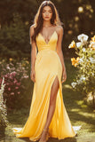 Yellow Spaghetti Straps Mermaid Maxi Prom Dress with Slit