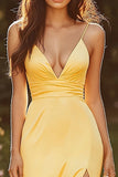 Yellow Spaghetti Straps Mermaid Maxi Prom Dress with Slit
