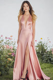Satin Halter A Line Pink Maxi Prom Dress with Slit