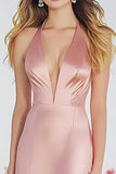 Satin Halter A Line Pink Maxi Prom Dress with Slit