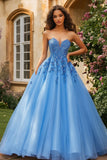 Blue Tulle Sweetheart Ball Gown Maxi Prom Dress with Appliques