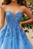 Blue Tulle Sweetheart Ball Gown Maxi Prom Dress with Appliques