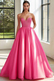 Sparkly Fuchsia Satin Beaded Ball Gown Maxi Prom Dress