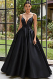Satin Spaghetti Straps Black Ball Gown Maxi Prom Dress