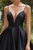 Satin Spaghetti Straps Black Ball Gown Maxi Prom Dress