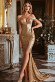 Sparkly Gold Mermaid Maxi Prom Dress with Slit