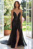 Sparkly Black Spaghetti Straps Sheath Maxi Prom Dress with Slit