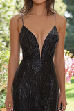 Sparkly Black Spaghetti Straps Sheath Maxi Prom Dress with Slit