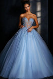 Sweetheart Tulle Blue Ball Gown Maxi Prom Dress with Appliques