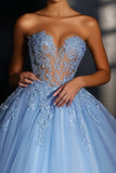 Sweetheart Tulle Blue Ball Gown Maxi Prom Dress with Appliques