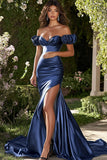 Navy Satin Off the Shoulder Mermaid Maxi Prom Dress with Slit