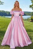 Pink Off the Shoulder Satin Ball Gown Maxi Prom Dress with Flowers