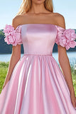 Pink Off the Shoulder Satin Ball Gown Maxi Prom Dress with Flowers