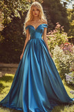 Blue Off the Shoulder A Line Satin Ball Gown Maxi Prom Dress