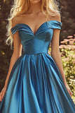 Blue Off the Shoulder A Line Satin Ball Gown Maxi Prom Dress