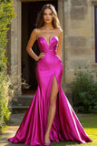 Fuchsia Ruched Mermaid Satin Maxi Prom Dress with Slit