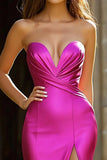 Fuchsia Ruched Mermaid Satin Maxi Prom Dress with Slit