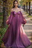 Plum Ruched Long Sleeves A Line Maxi Prom Dress