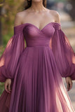Plum Ruched Long Sleeves A Line Maxi Prom Dress