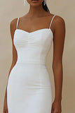 White Satin Spaghetti Straps Mermaid Midi Engagement Dress with Ruffles