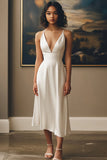 Ivory V-Neck Satin Long A Line Engagement Dress