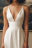 Ivory V-Neck Satin Long A Line Engagement Dress