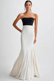 Black and White Strapless Satin Long Mermaid Formal Dress