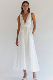 White Satin V-Neck Long Engagement Dress