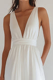 White Satin V-Neck Long Engagement Dress