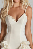 Ivory V-Neck Satin Mini Graduation Dress with Ruffles