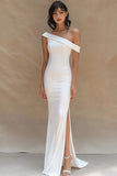 White Satin One Shoulder Long Mermaid Engagement Dress with Slit