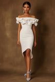 White Satin Off the Shoulder Modi Engagement Dress with Ruffles